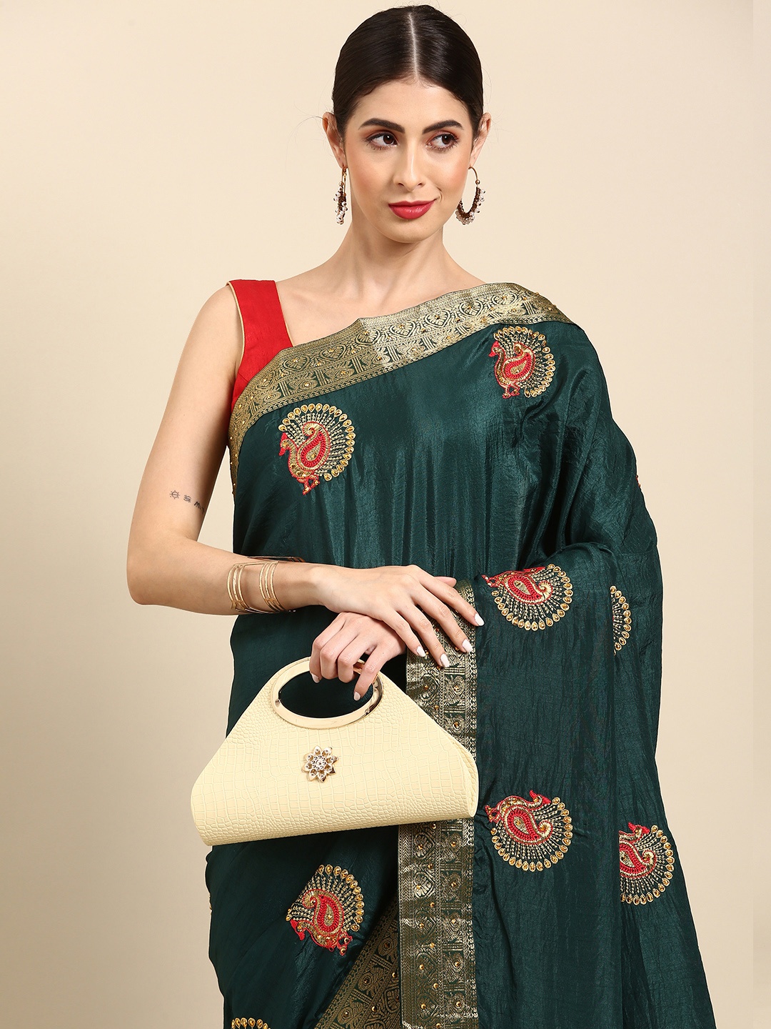 

Anouk Green & Golden Peacock Embroidered Saree