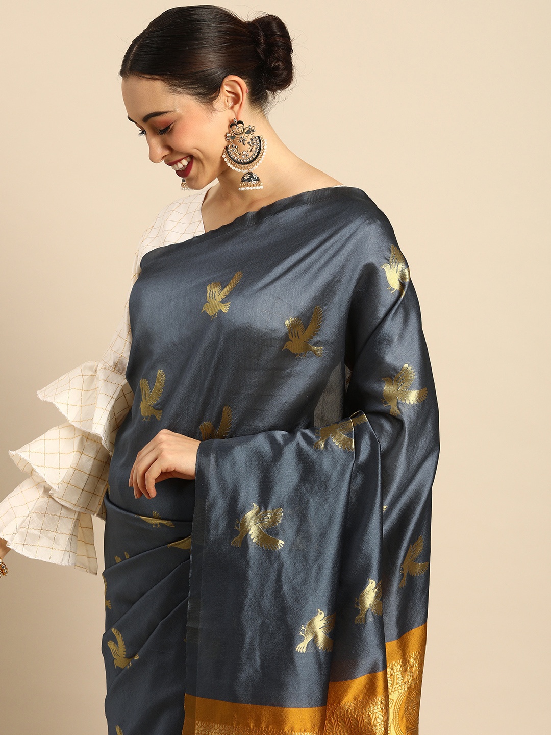 

Anouk Grey & Mustard Woven Design Zari Silk Blend Baluchari Saree