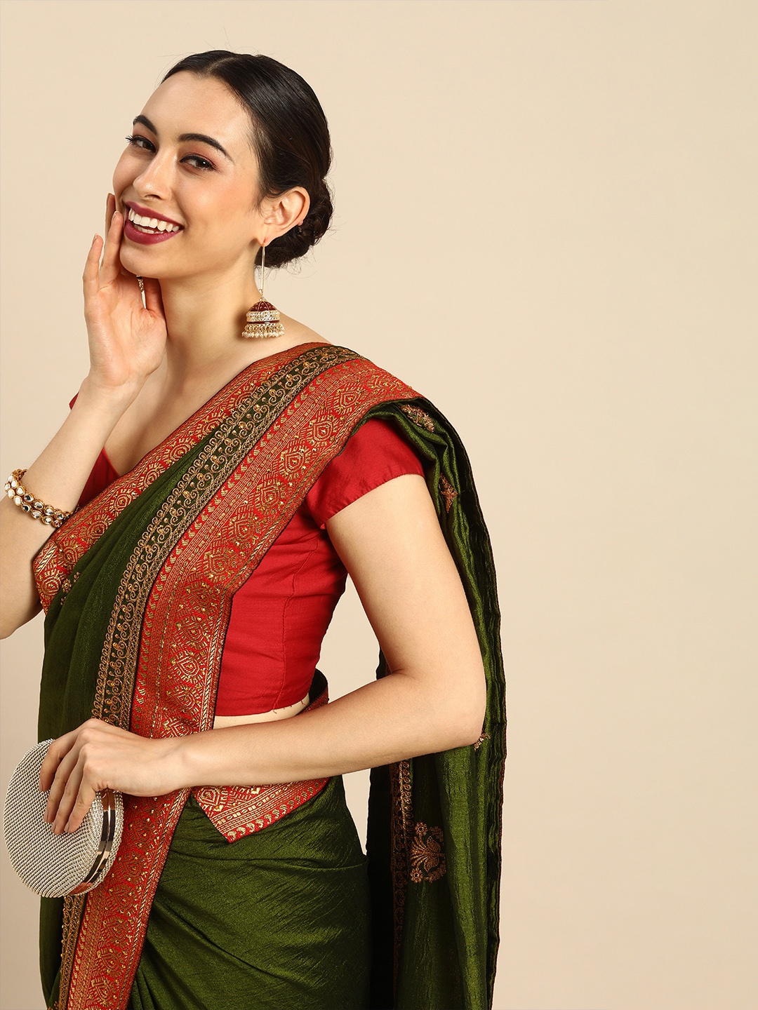 

Anouk Green & Red Embellished Beads and Stones Silk Blend Ready to Wear Kota Saree