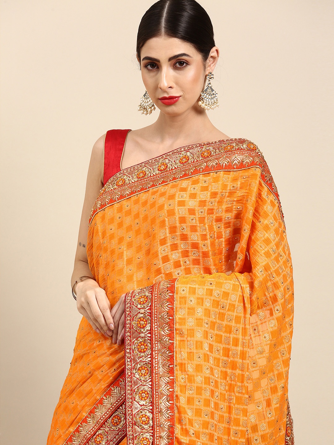 

Anouk Mustard Yellow & Golden Ethnic Motifs Embroidered Beads and Stones Saree