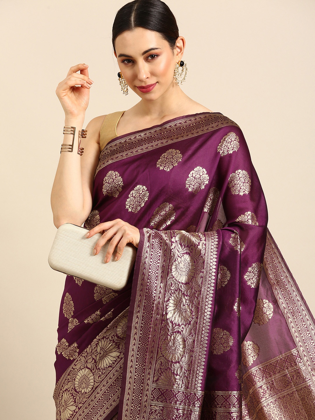 

Anouk Purple Woven Design Zari Silk Blend Banarasi Saree