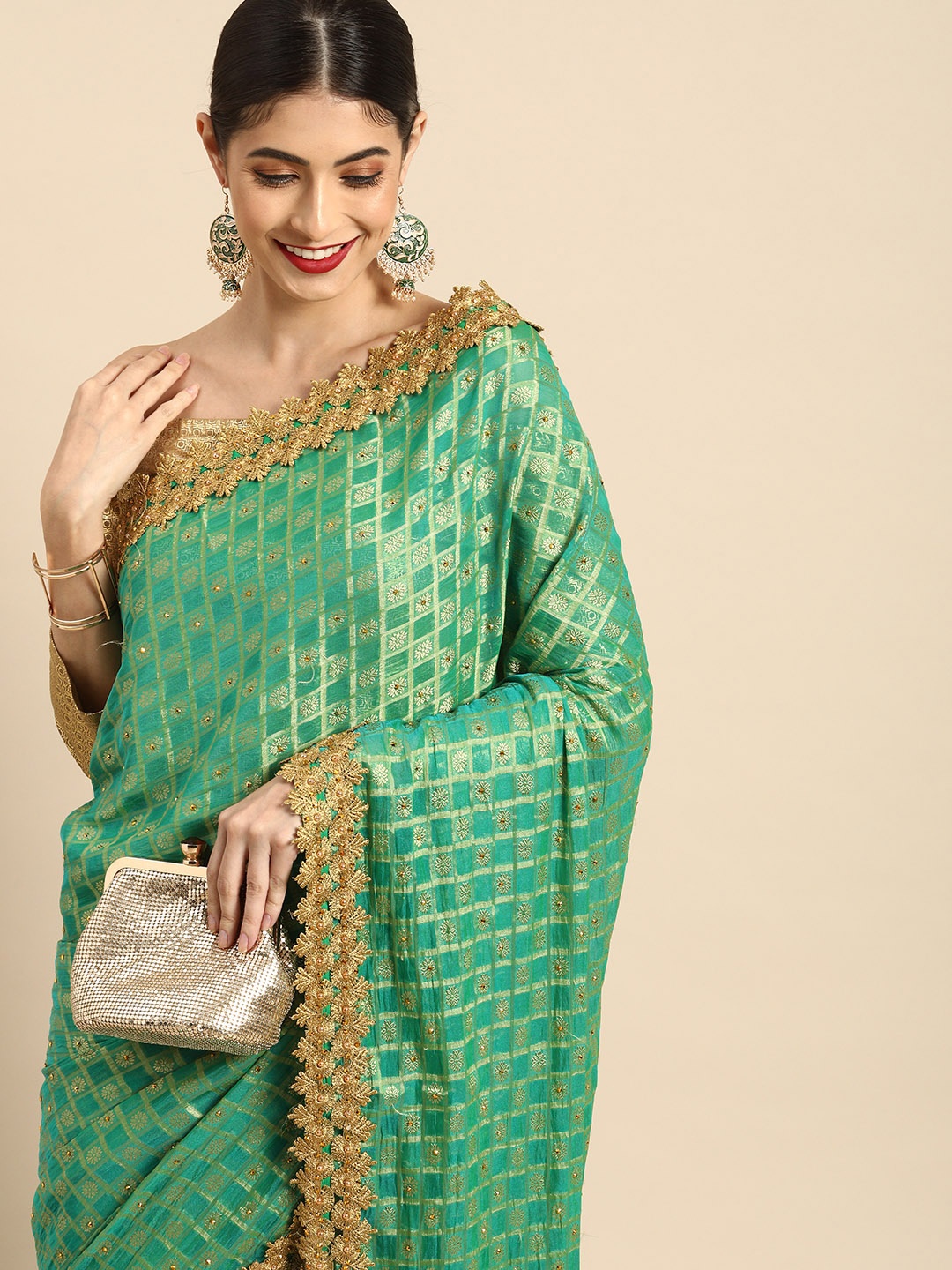

Anouk Sea Green & Gold-Toned Floral Beads and Stones Bhagalpuri Saree