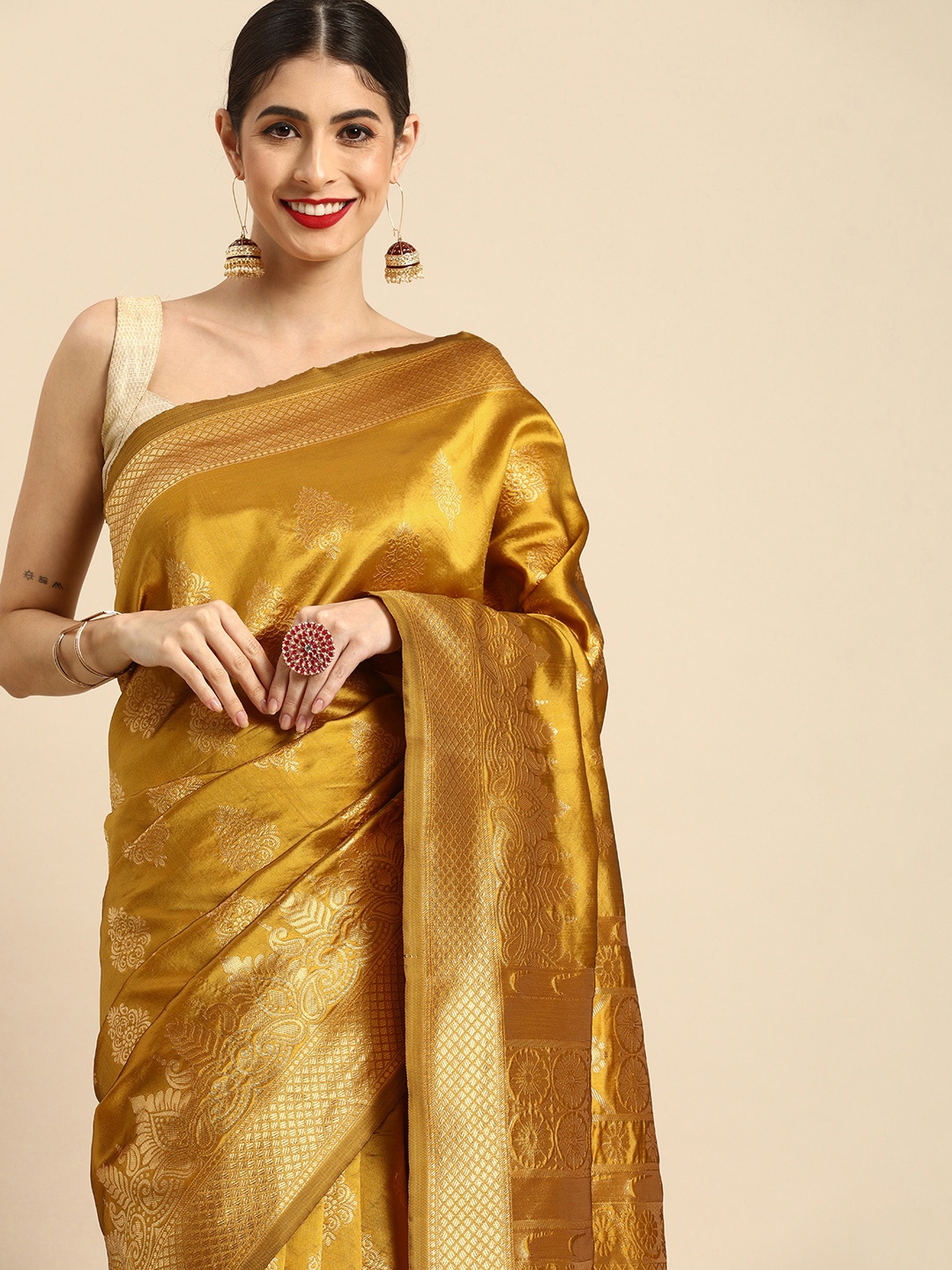 

Anouk Mustard Woven Design Zari Silk Blend Ready to Wear Banarasi Saree