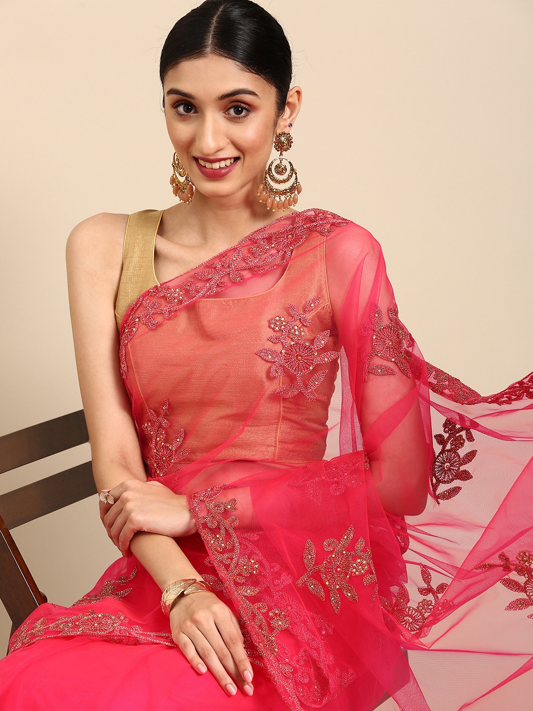 

Anouk Fuchsia Embellished Beads and Stones Net Ready to Wear Saree