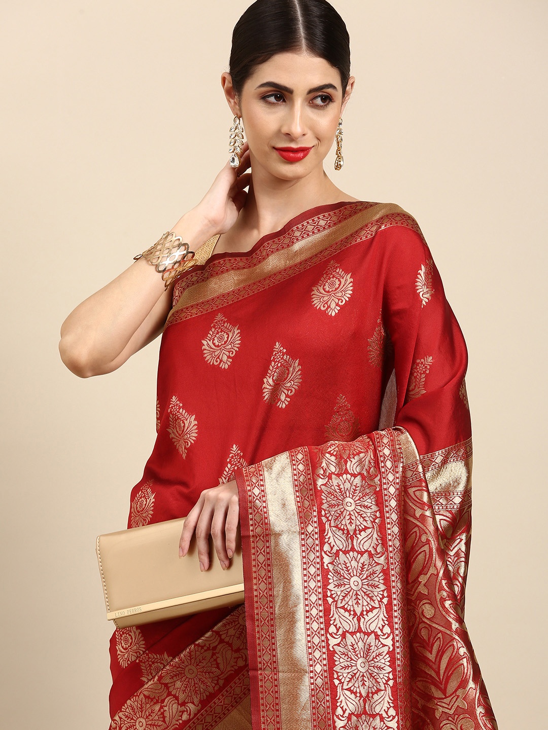 

Anouk Maroon Woven Design Zari Silk Blend Banarasi Saree