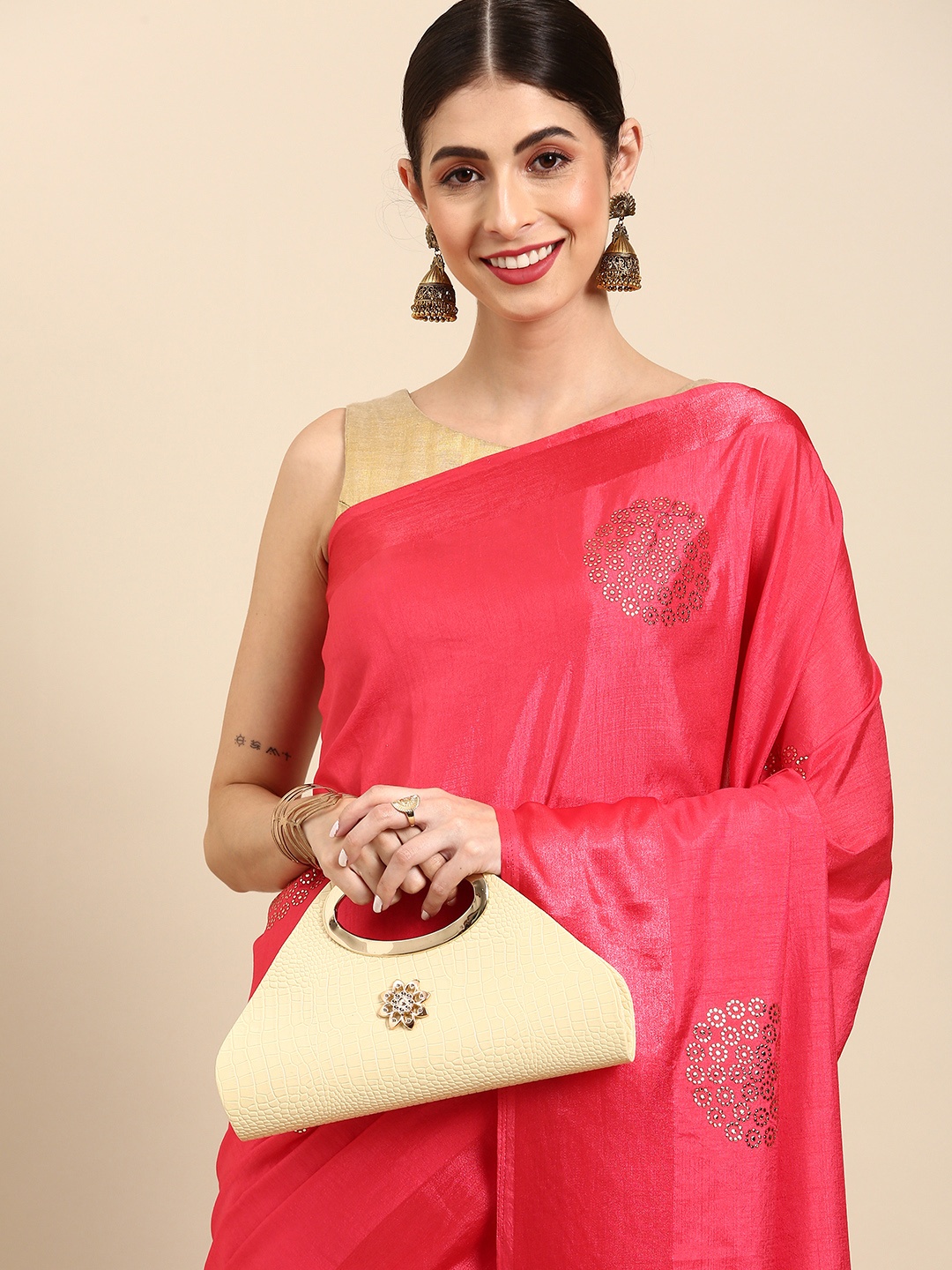 

Anouk Pink & Silver Mukaish Embellished Taant Saree