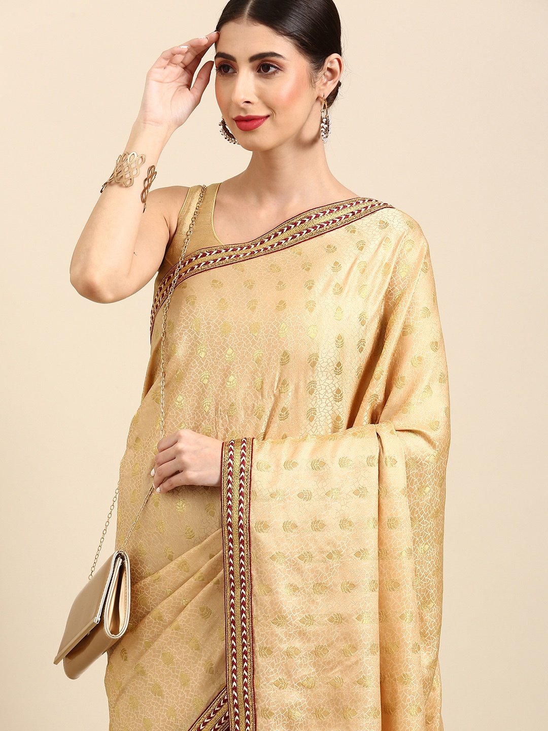 

Anouk Maroon & Gold-Toned Checked Gotta Patti Organza Ready to Wear Chanderi Saree