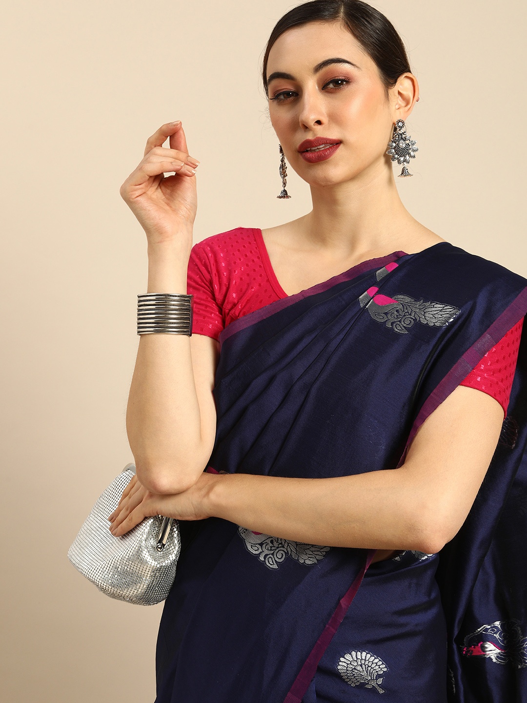 

Anouk Navy Blue & Silver Bird Patterned Kanjeevaram Saree
