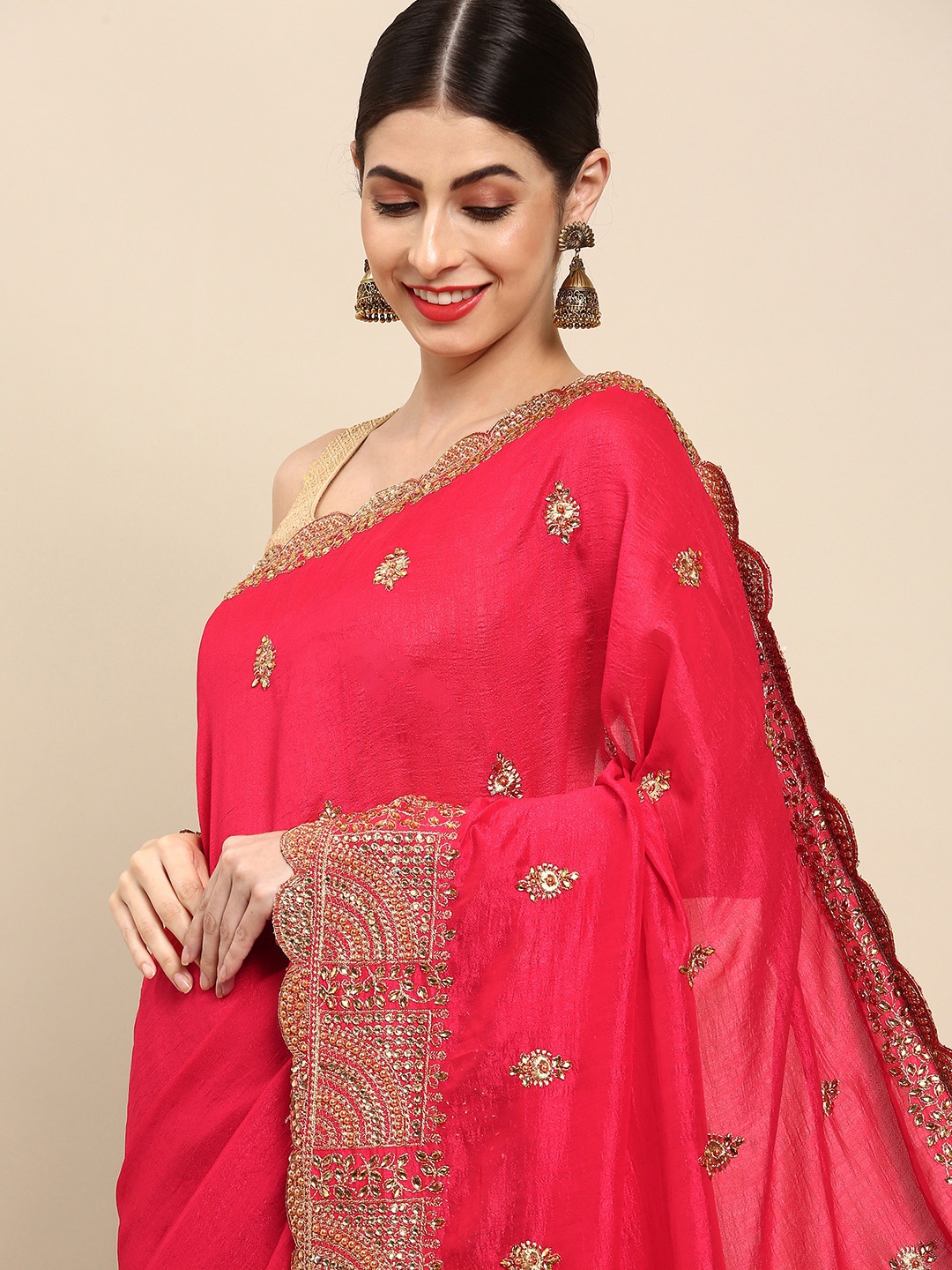 

Anouk Fuchsia & Golden Ethnic Motifs Embroidered Pure Silk Saree