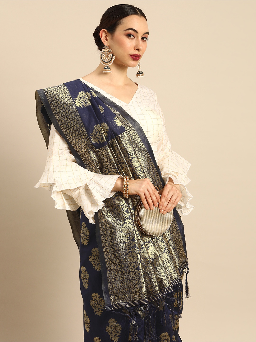 

Anouk Navy Blue & Gold-Toned Woven Design Zari Silk Blend Banarasi Saree
