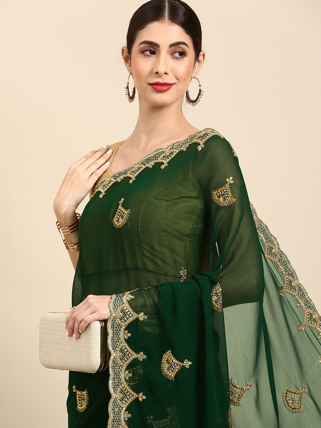 

Anouk Green & Golden Ethnic Motifs Beads and Stones Maheshwari Saree
