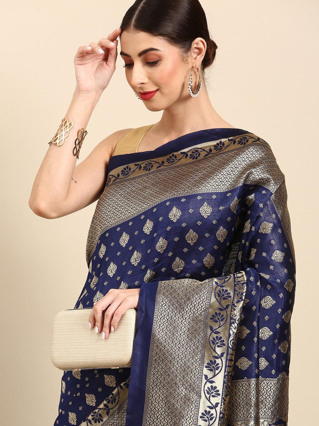 

Anouk Navy Blue Woven Design Zari Silk Blend Banarasi Saree