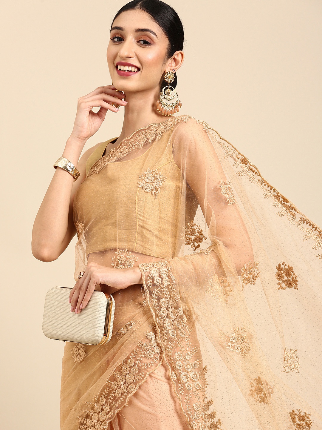 

Anouk Beige Embellished Embroidered Net Ready to Wear Saree