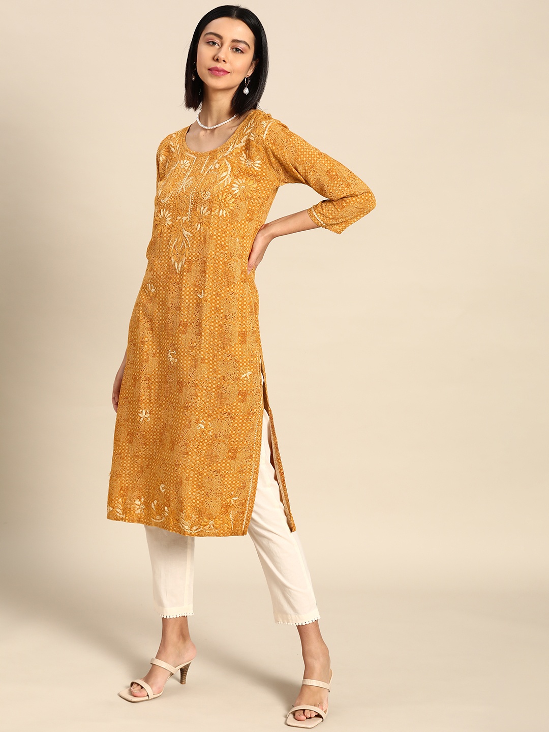 

Saadgi Women Mustard Yellow Ethnic Print Chikankari Embroidered Straight Kurta