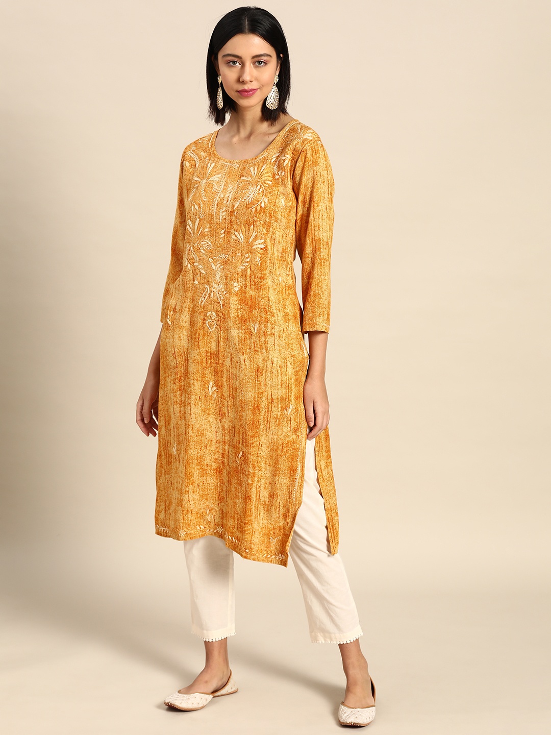 

Saadgi Women Mustard Yellow Ethnic Print Chikankari Embroidered Straight Kurta
