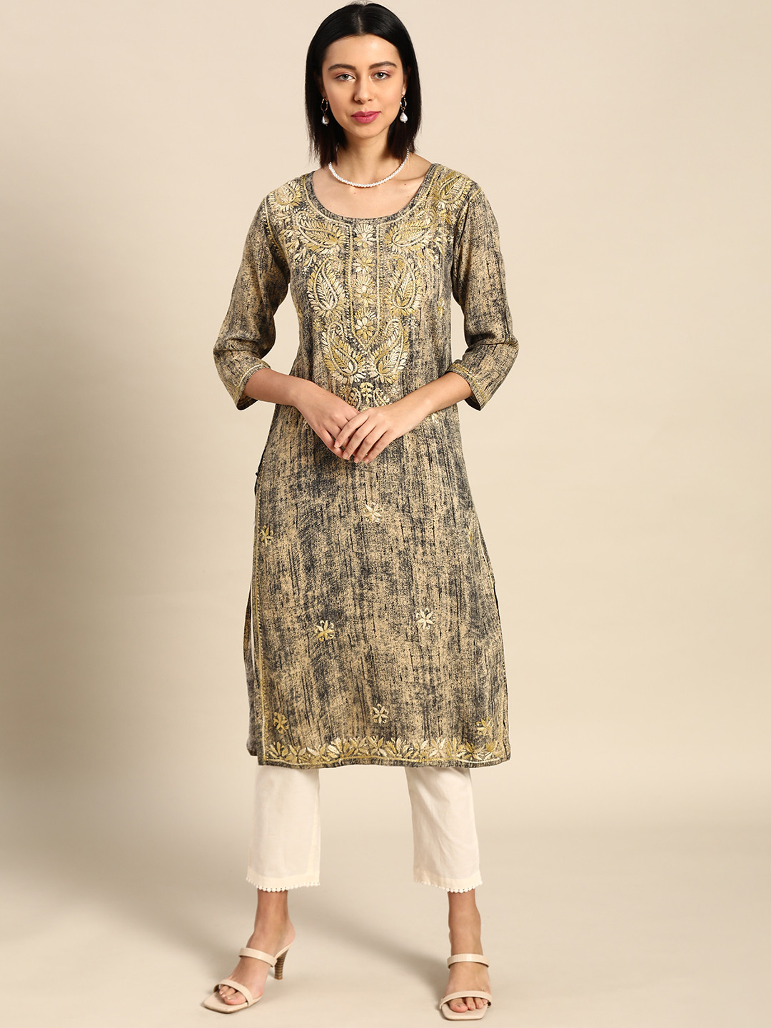 

Saadgi Women Beige & Charcoal Grey Ethnic Print Chikankari Embroidered Straight Kurta