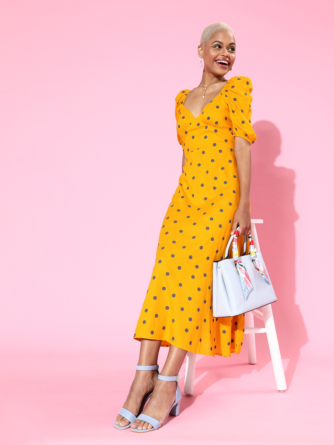 

Berrylush Women Bright Yellow Polka Dots Sweetheart Neck Dress