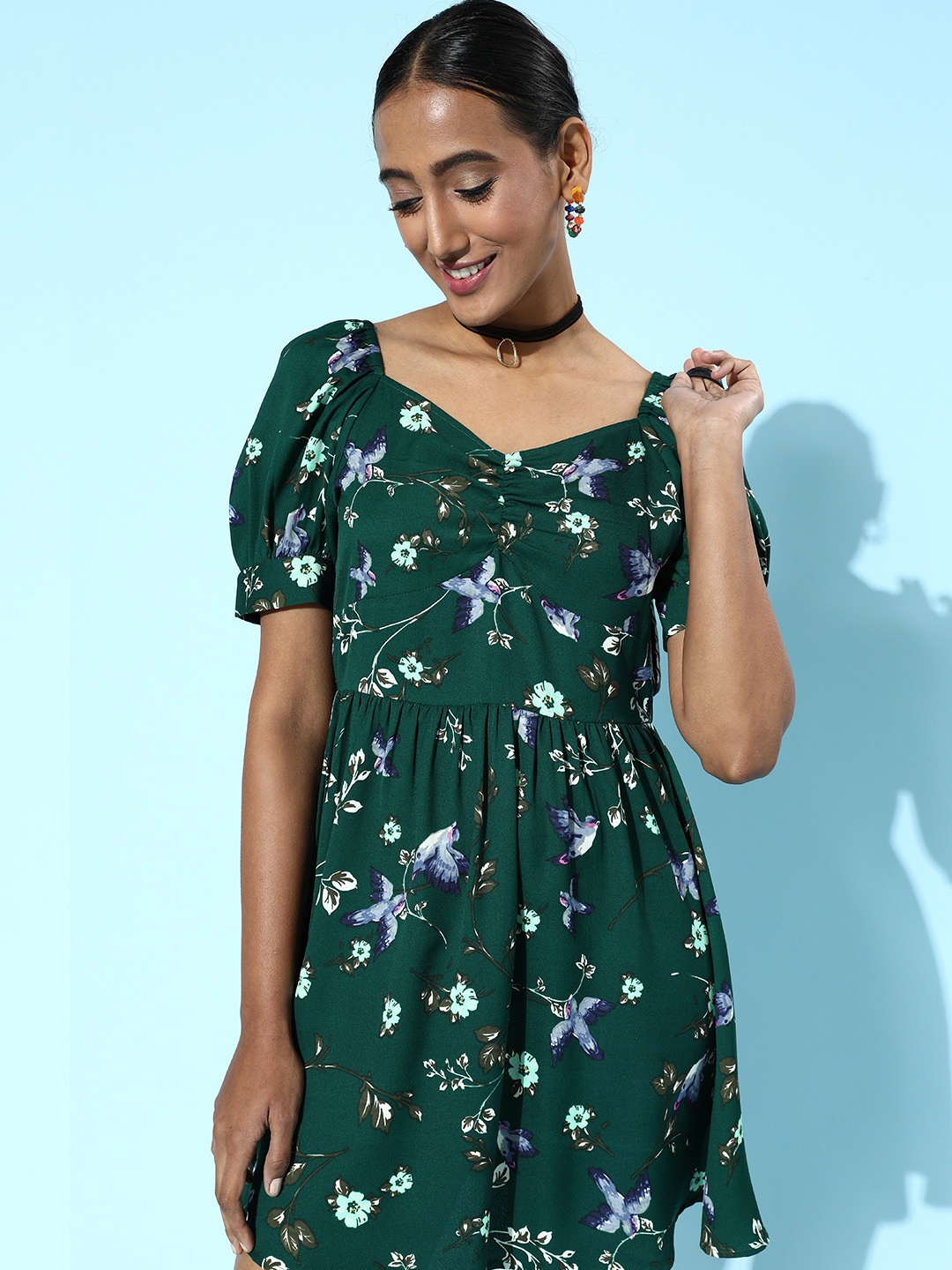 

Berrylush Women Gorgeous Green Floral Sweetheart Neck Dress