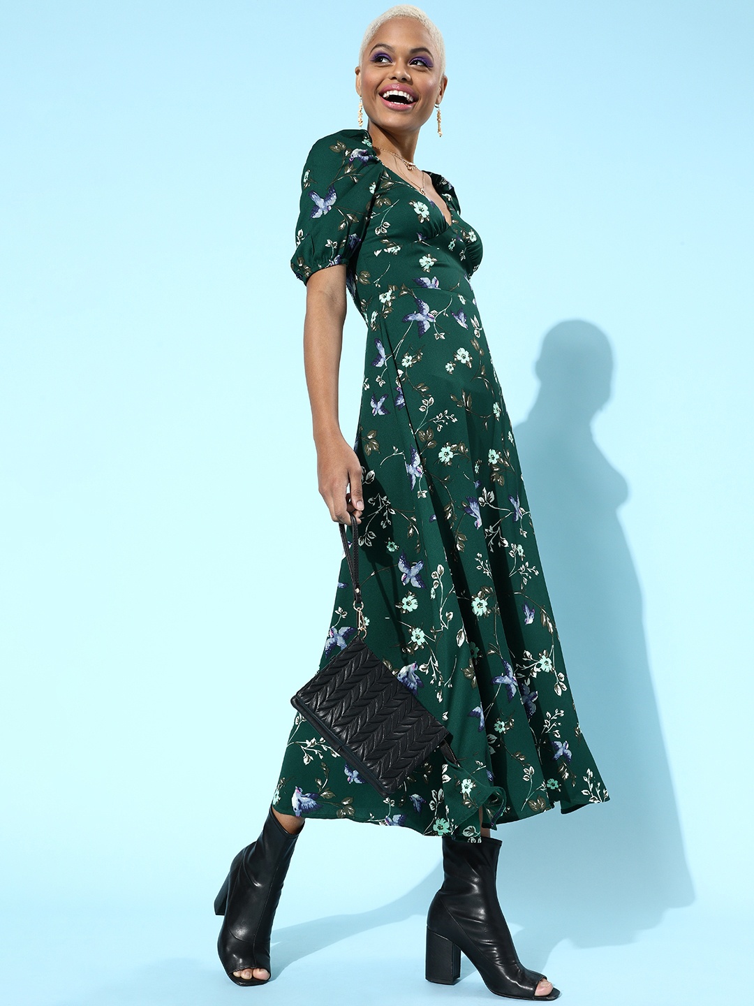 

Berrylush Women Gorgeous Green Floral Sweetheart Neck Dress