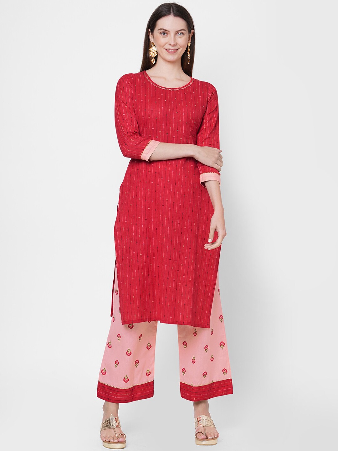

FASHOR Women Red Ethnic Motifs Embroidered Regular Kurta with Trousers