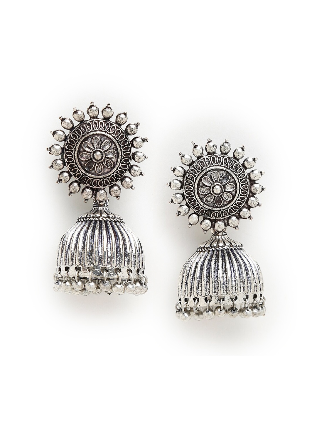 

NEUDIS Women Silver-Toned Silver-Plated Oxidised Contemporary Jhumkas Earrings