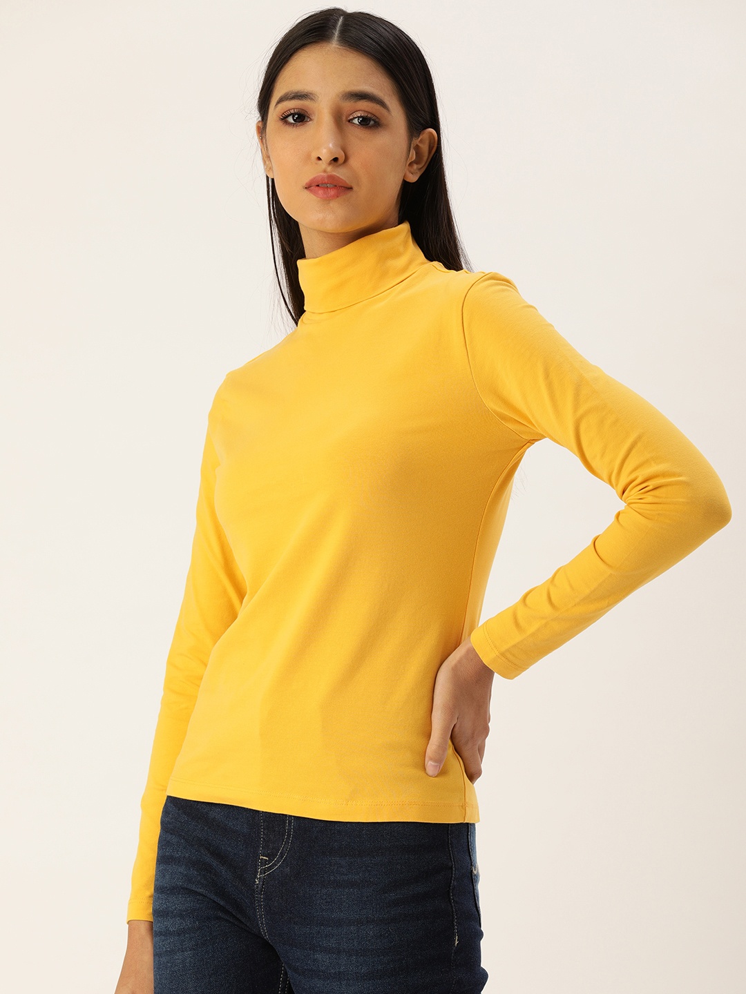 

Flying Machine Women Yellow Solid High Neck Regular Sleeves Knitted Slim Fit T-shirt