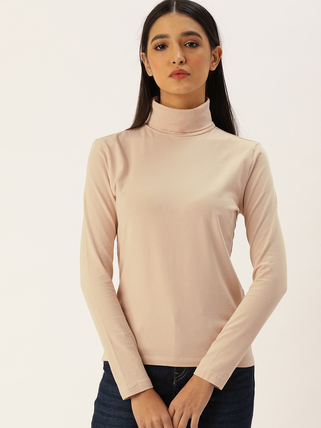 

Flying Machine Women Cream-Coloured High Neck Full Sleeves Casual T-shirt