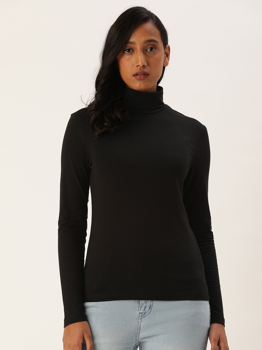 

Flying Machine Women Black Solid High Neck Regular Sleeves Knitted Slim Fit T-shirt