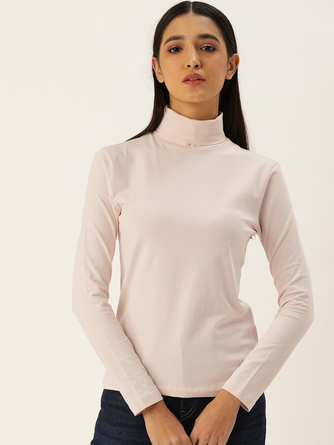

Flying Machine Women Ivory Solid High Neck Full Sleeves Casual T-shirt, Pink