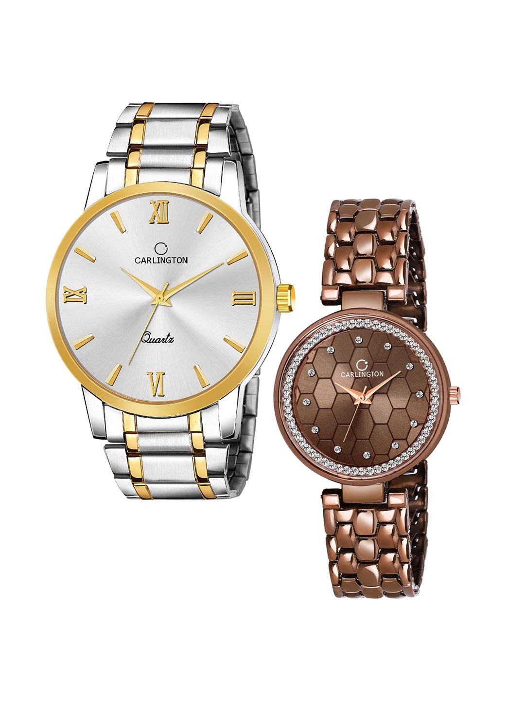 

CARLINGTON Unisex Set of 2 Analogue Watch - Combo CT-6210SS and Hexa Brown, Silver