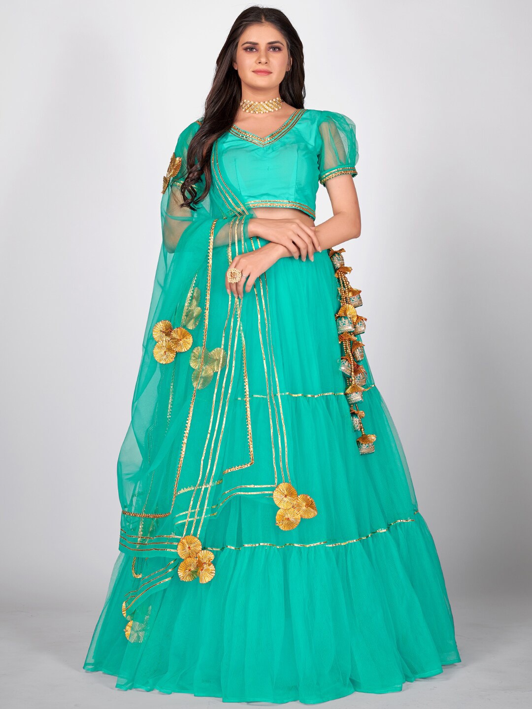 

SHOPGARB Turquoise Blue & Gold-Toned Embellished Ready to Wear Lehenga & Unstitched Blouse With Dupatta