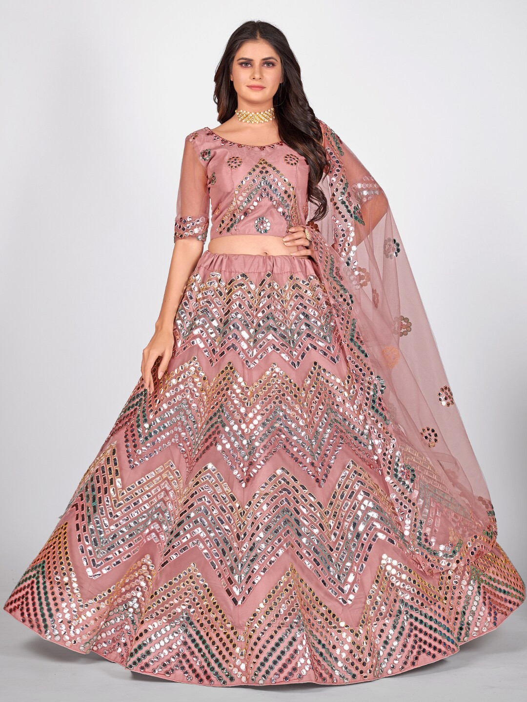 

SHOPGARB Pink & Green Embellished Semi-Stitched Lehenga & Unstitched Blouse