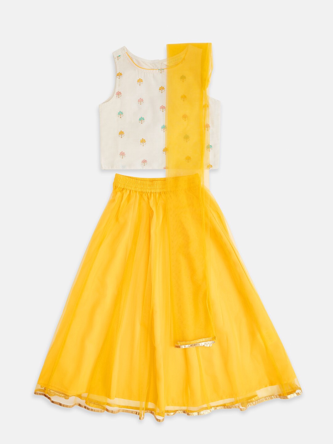 

AKKRITI BY PANTALOONS Girls Off White & Yellow Ready To Wear Lehenga & Blouse Dupatta