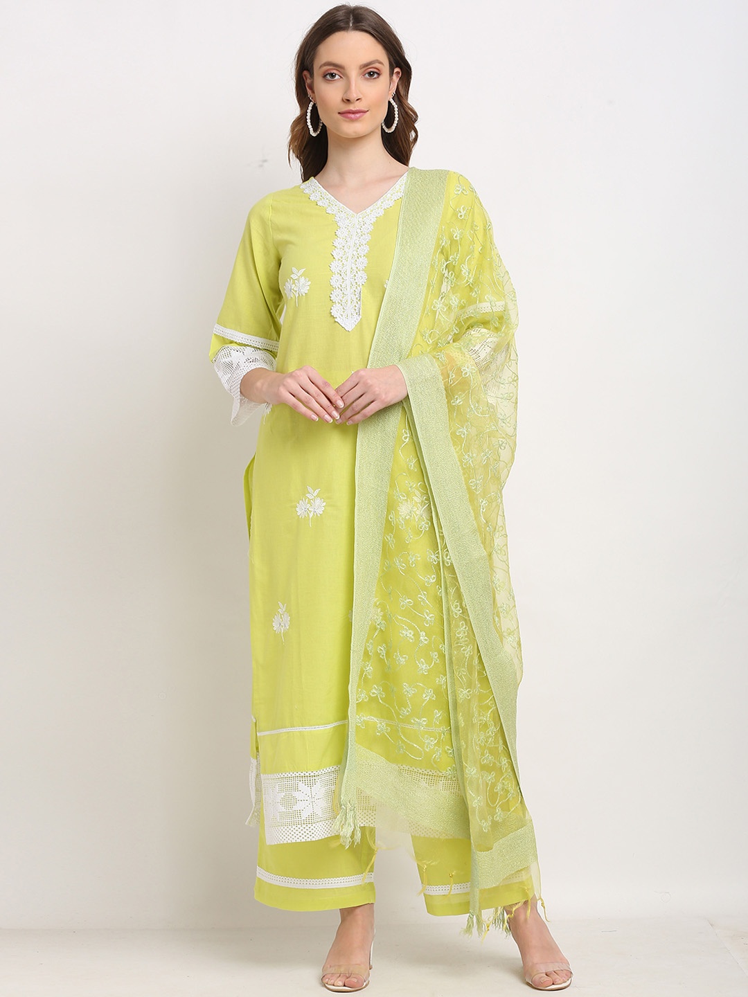 

Rajnandini Women Green Floral Embroidered Pure Cotton Kurta with Palazzos & Dupatta
