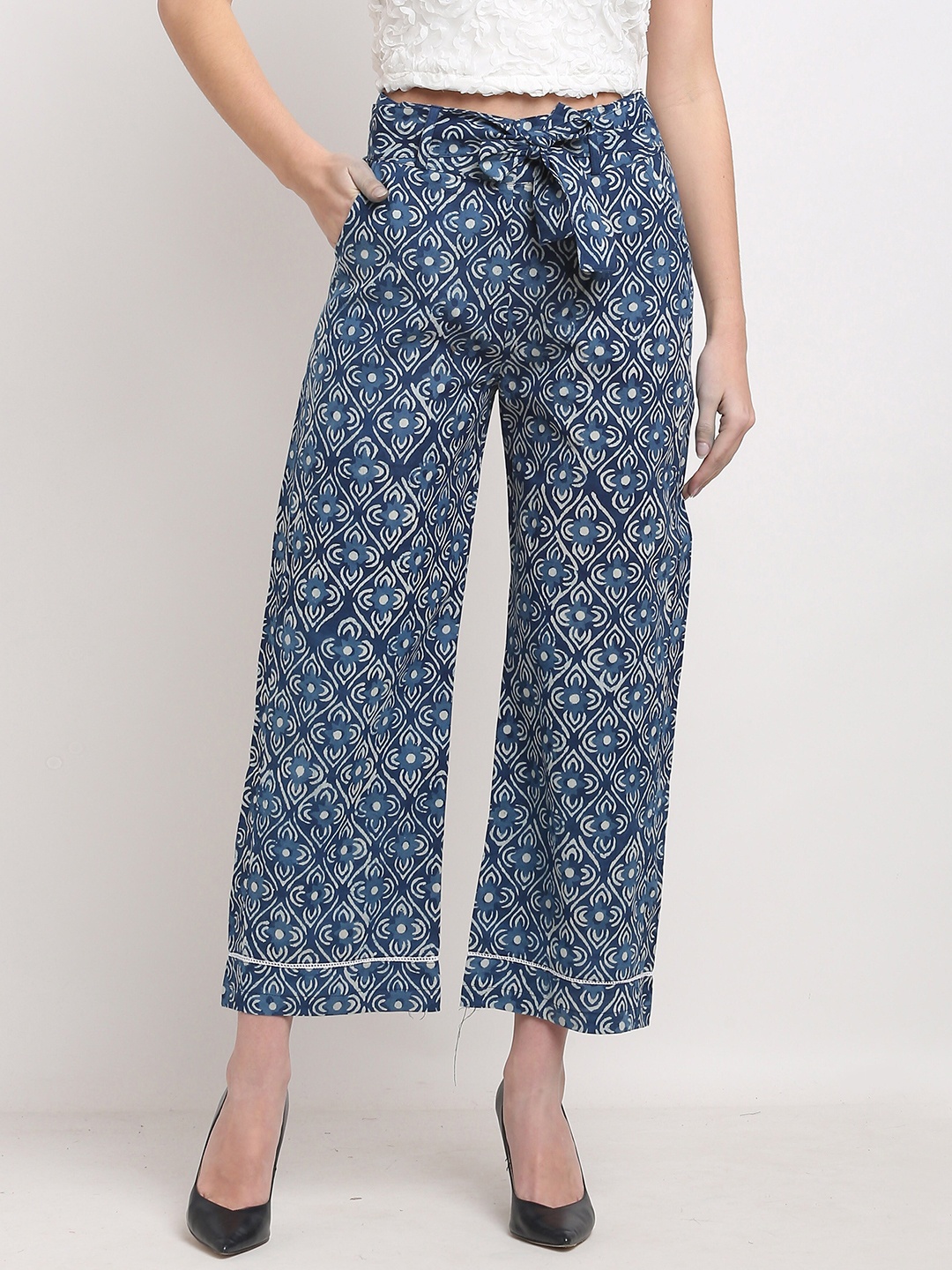 

Rajnandini Women Blue & Off White Ethnic Motifs Printed Flared Handloom Palazzos