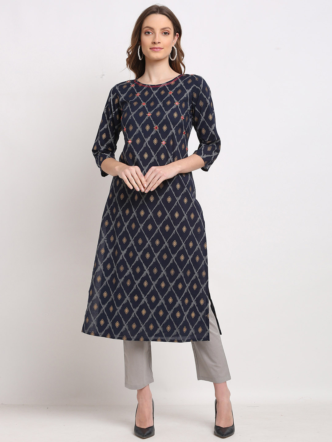 

Rajnandini Women Navy Blue & Grey Ethnic Motifs Printed Cambric Cotton Kurta with Trousers
