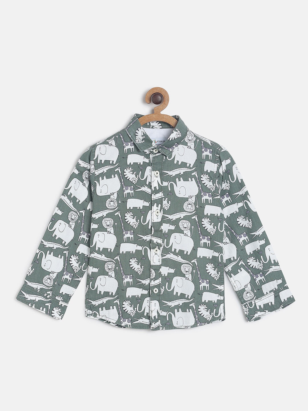 

TALES & STORIES Boys Olive Green Animal Opaque Printed Casual Shirt