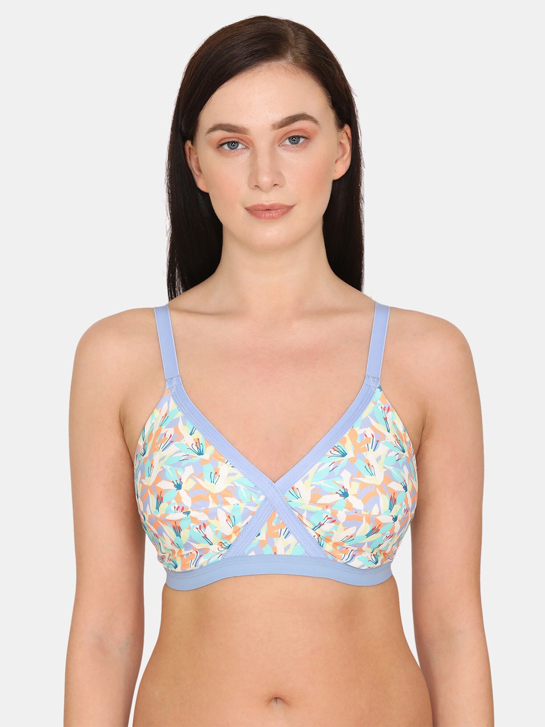 

Zivame Blue & White Floral Printed Everyday Bra - Non-Wired Non-Padded