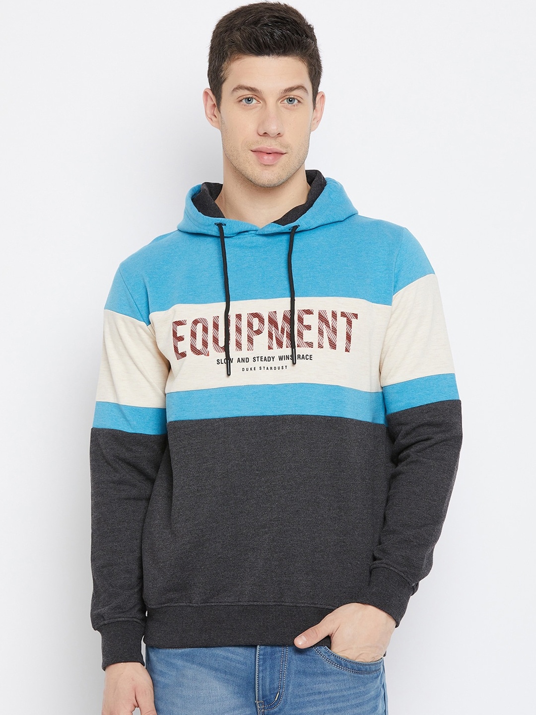

Duke Men Blue & Black Colourblocked Hooded Pullover Sweatshirt