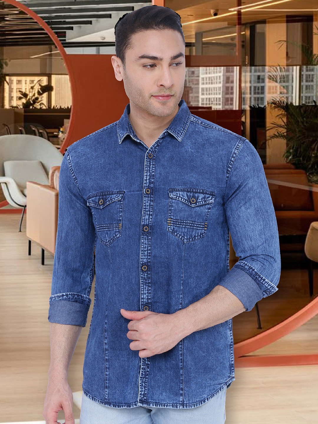 

Kuons Avenue Men Blue Denim Slim Fit Faded Opaque Faded Casual Shirt