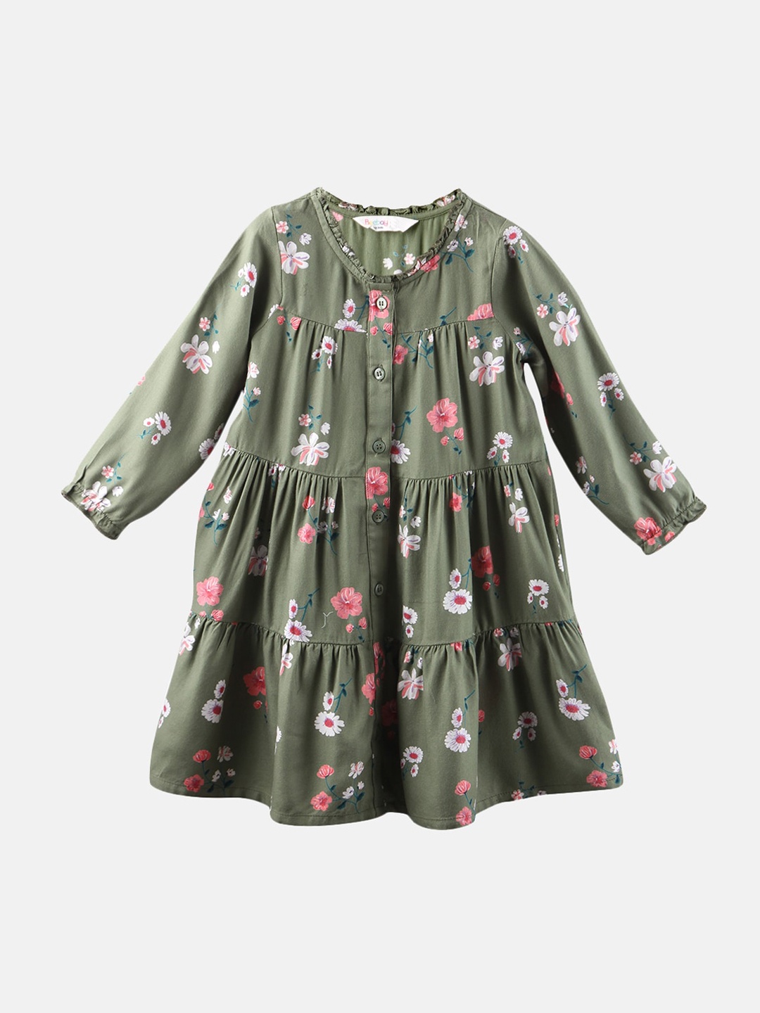 

Beebay Girls Olive Green Floral A-Line Tiered Dress
