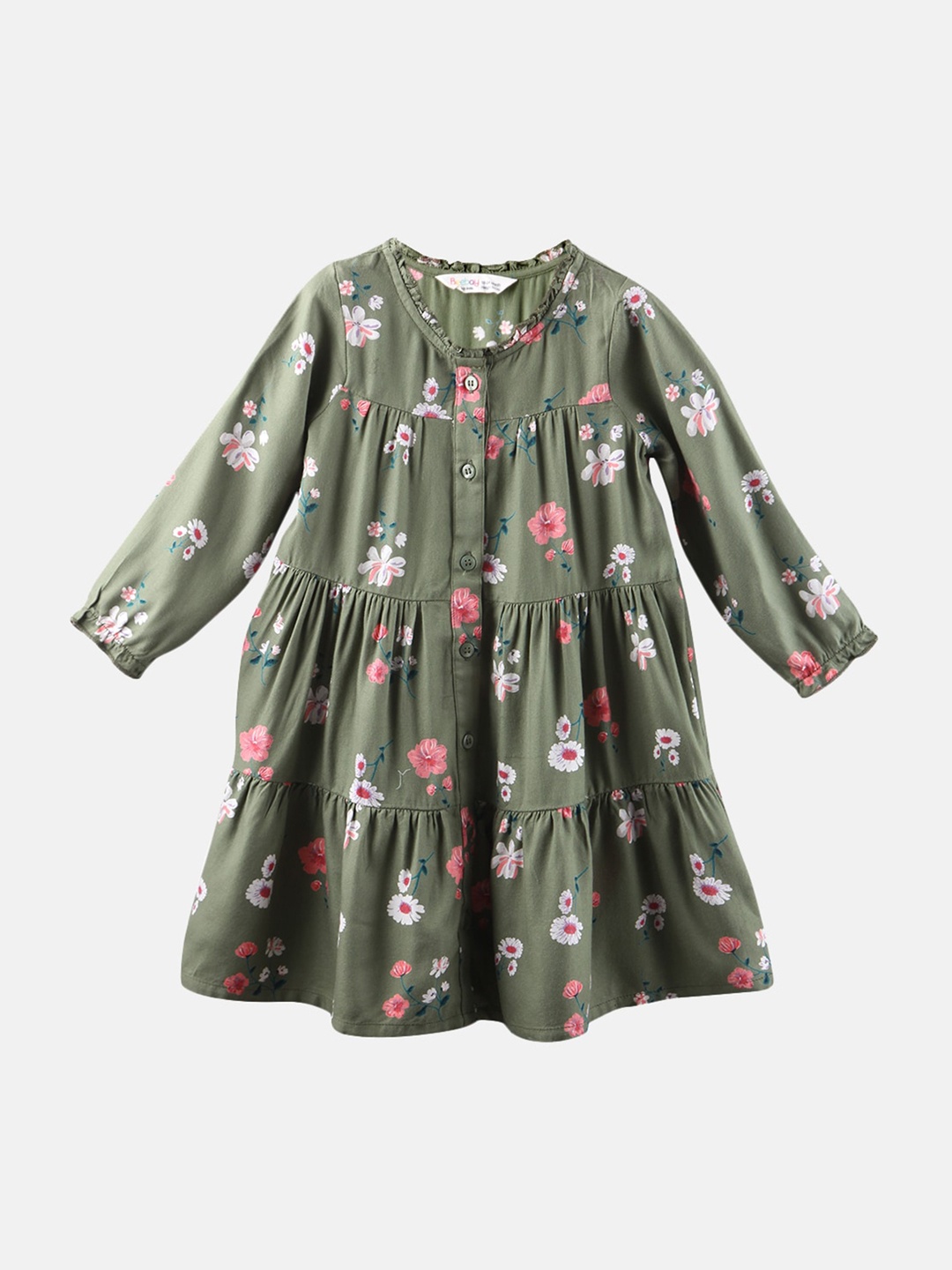 

Beebay Girls Olive Green Floral Printed Tiered A-Line Dress