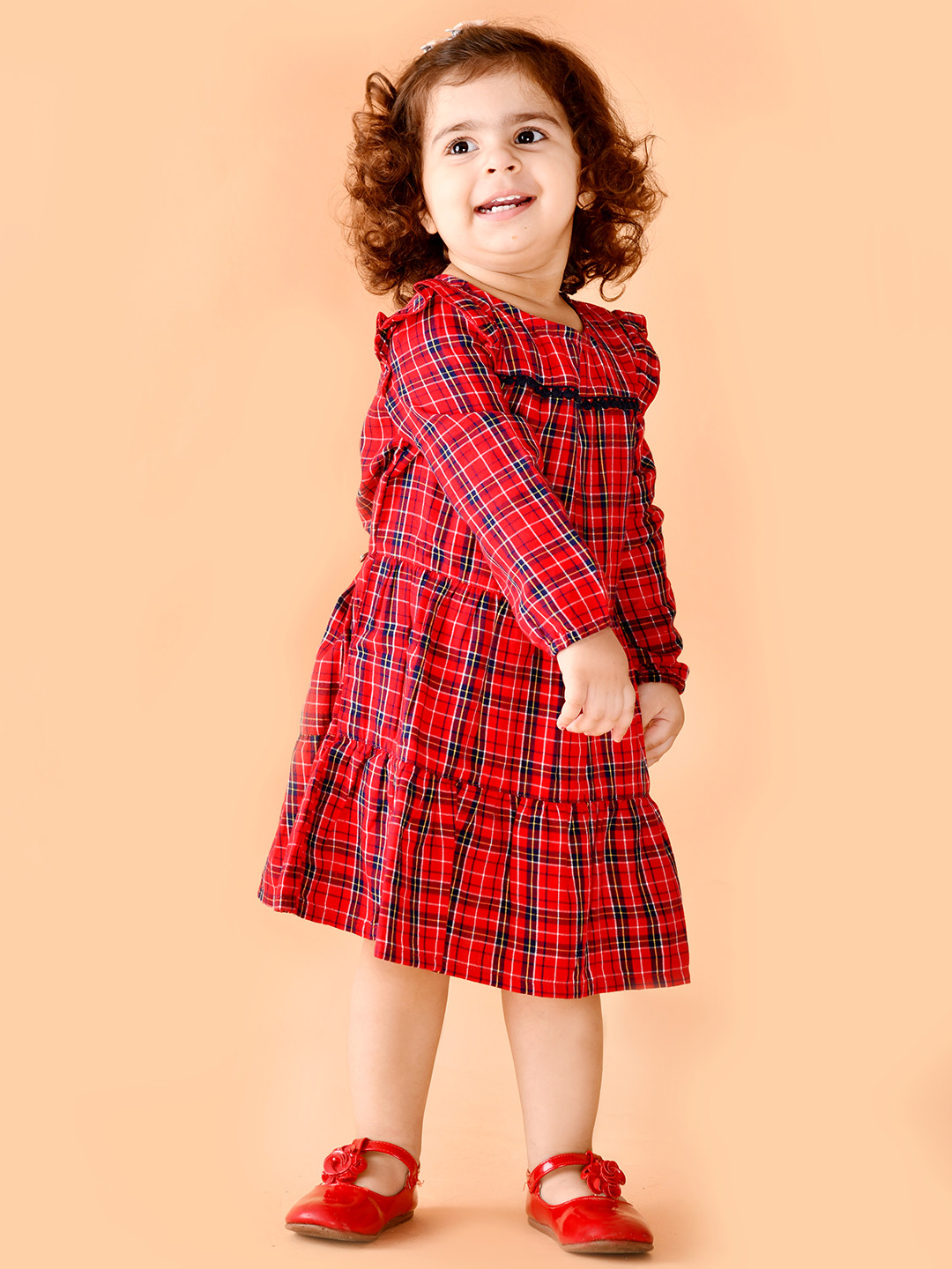 

Beebay Girls Red & Navy Blue Checked A-Line Tiered Dress