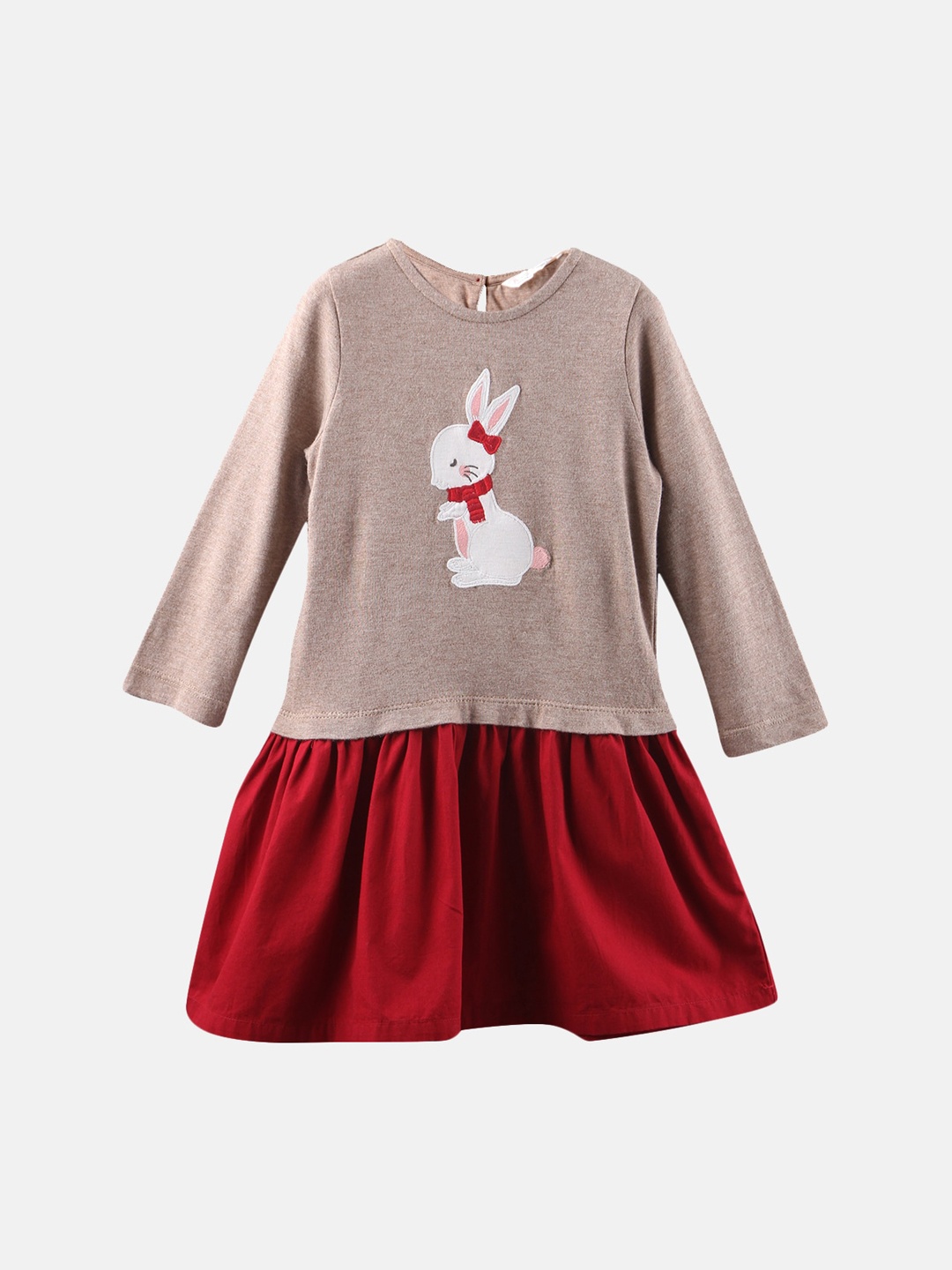 

Beebay Girls Beige & Maroon Embroidered Applique Fit& Flare Dress