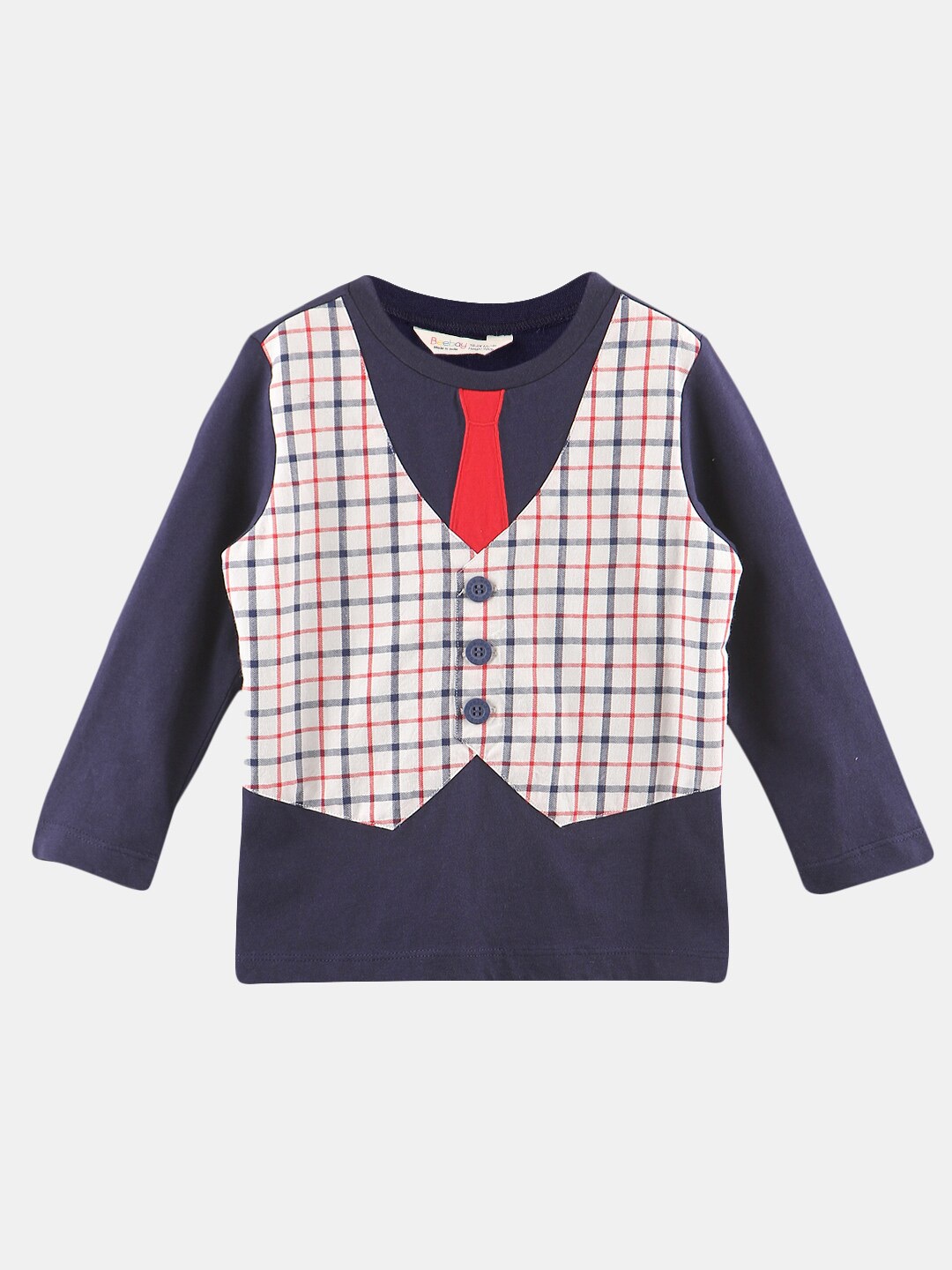 

Beebay Boys Navy Blue Checked V-Neck Pockets T-shirt