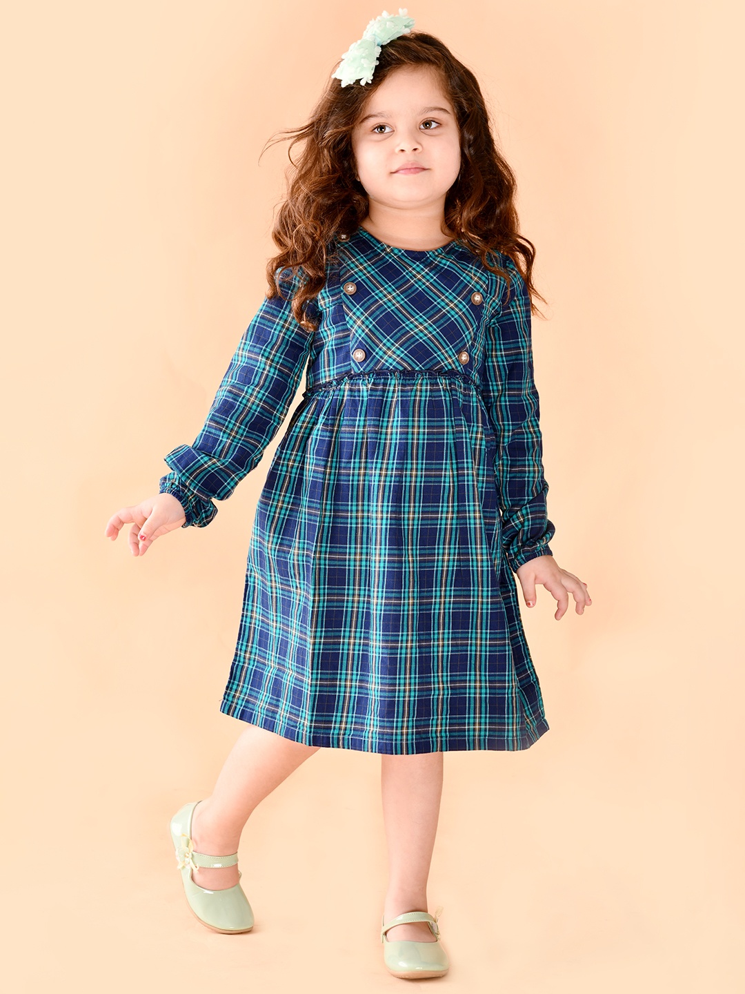 

Beebay Girls Blue & medieval blue Checked Empire Dress