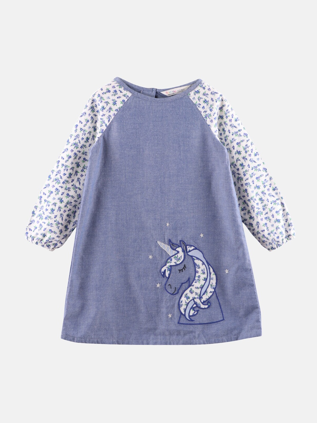 

Beebay Girls Blue Printed Unicorn Applique Chambray Dress