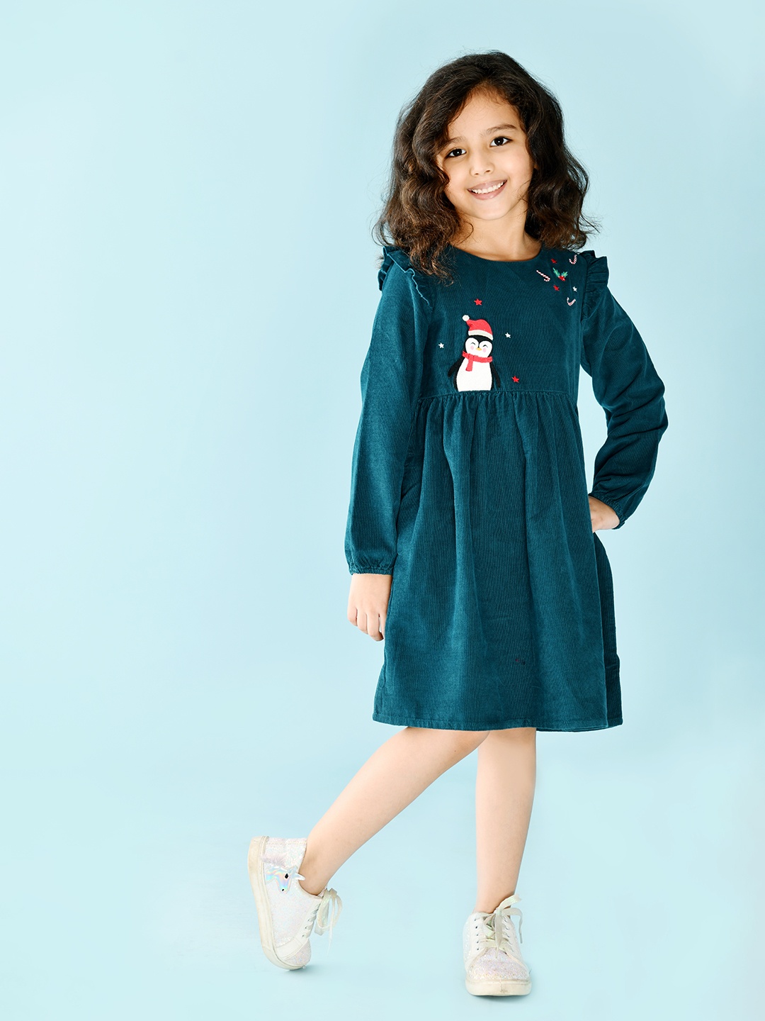 

Beebay Girls Green Penguin Embroidered A-Line Corduroy Dress