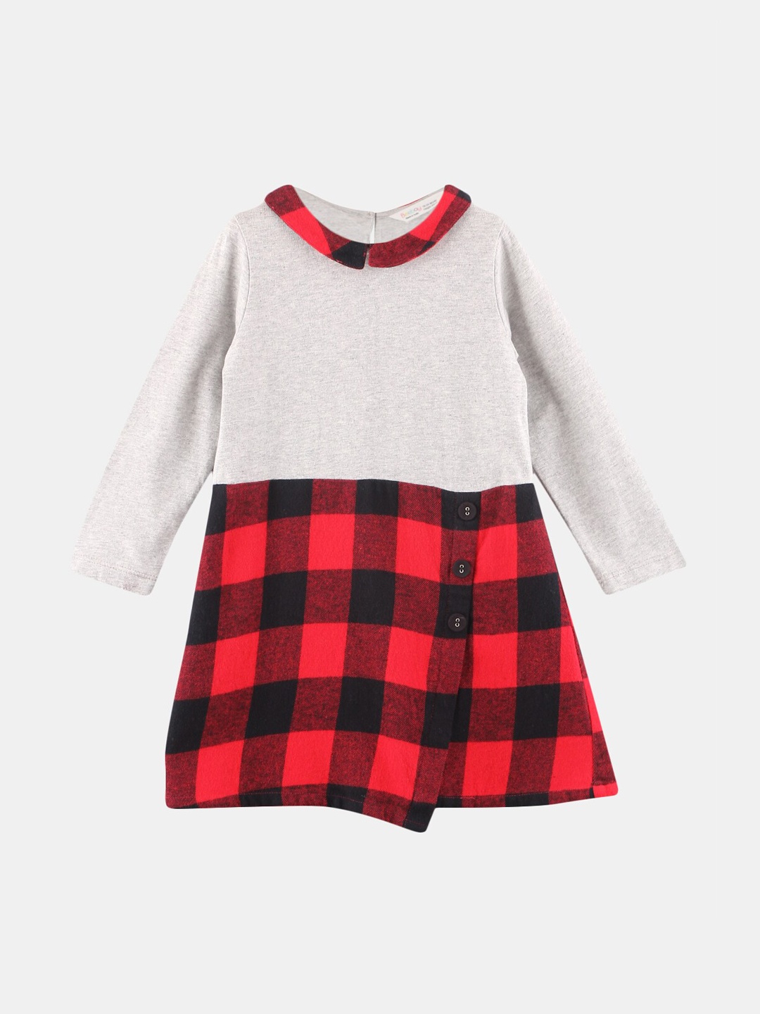 

Beebay Girls Red & Grey Melange Checked Peter Pan Collar A-Line Dress