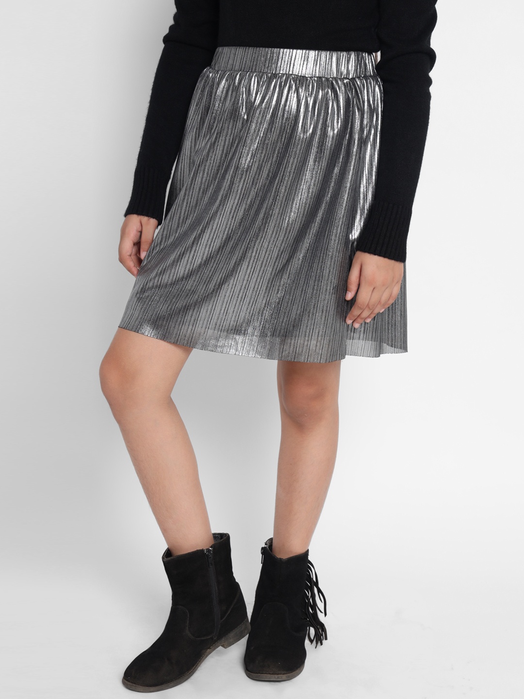 

Natilene Girls Silver-Coloured Striped A-Line Skirt